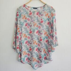 APNY Tunic Blouse Cupro Viscose Chiffon Multicolor Fruit Print Hanky Hem Cottage